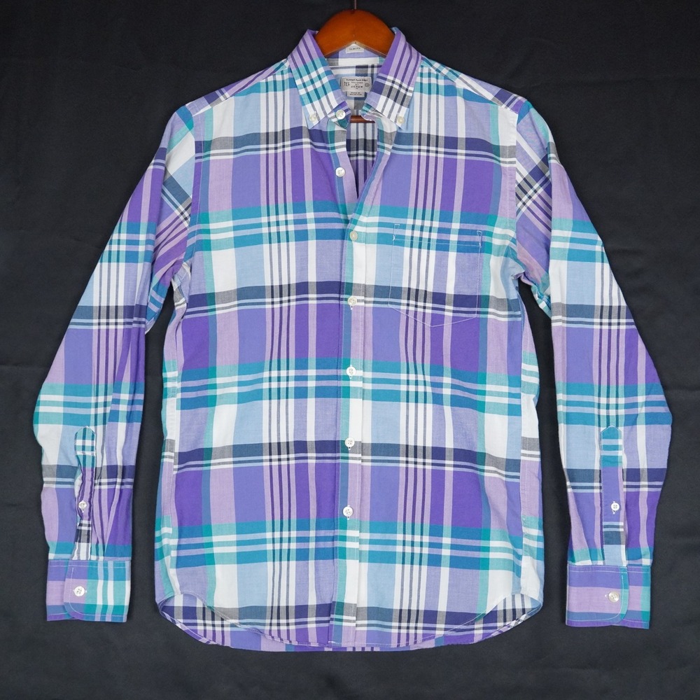 J Crew Summer Plaid Shirt Mens Small Purple Teal Slim Fit Cotton SUMMER 2014